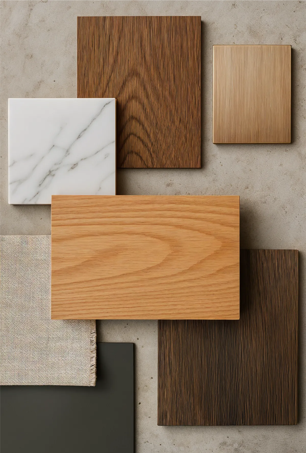 Stacked samples of oak, walnut, marble and stone