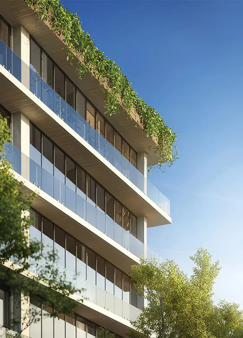 Close view of Colette’s glass balconies and cascading greenery