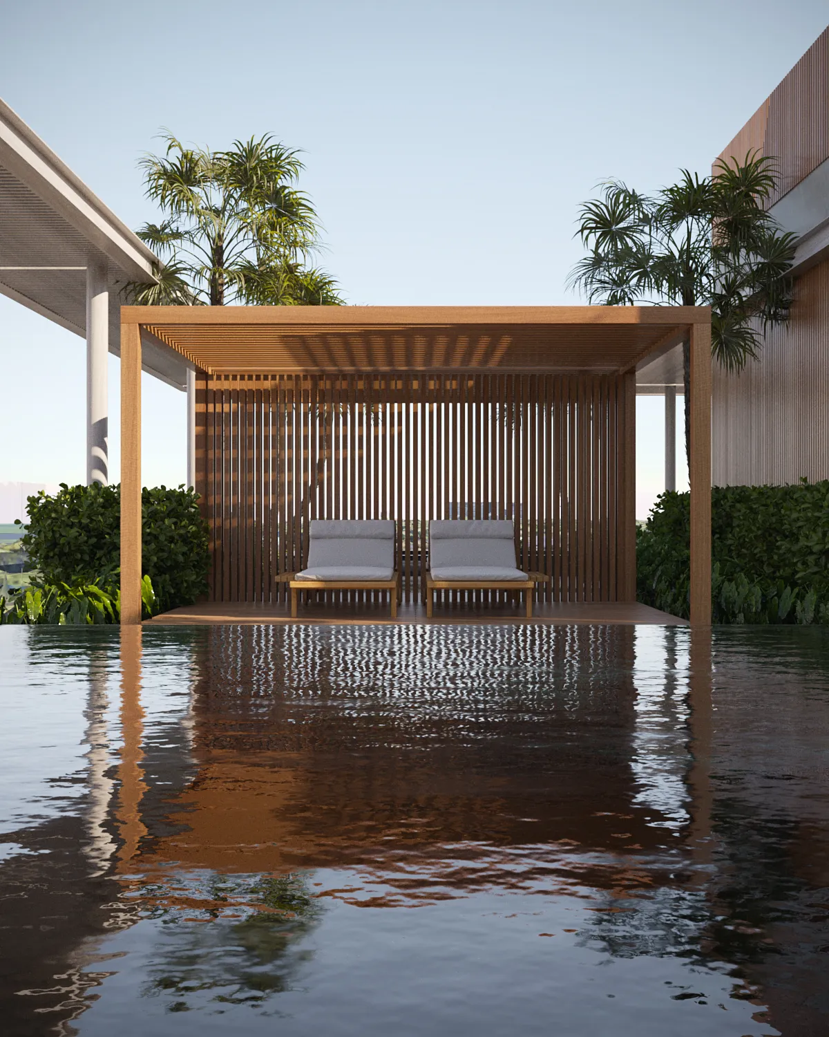 Pool cabana at Colette framed by palms and a timber pergola