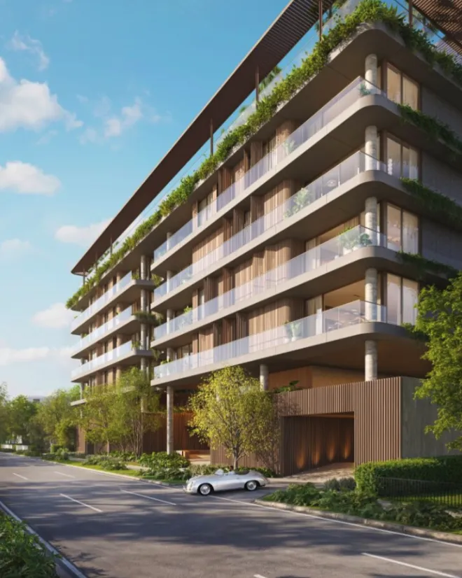Rendering of Colette’s stepped, planted façade above a Brickell street