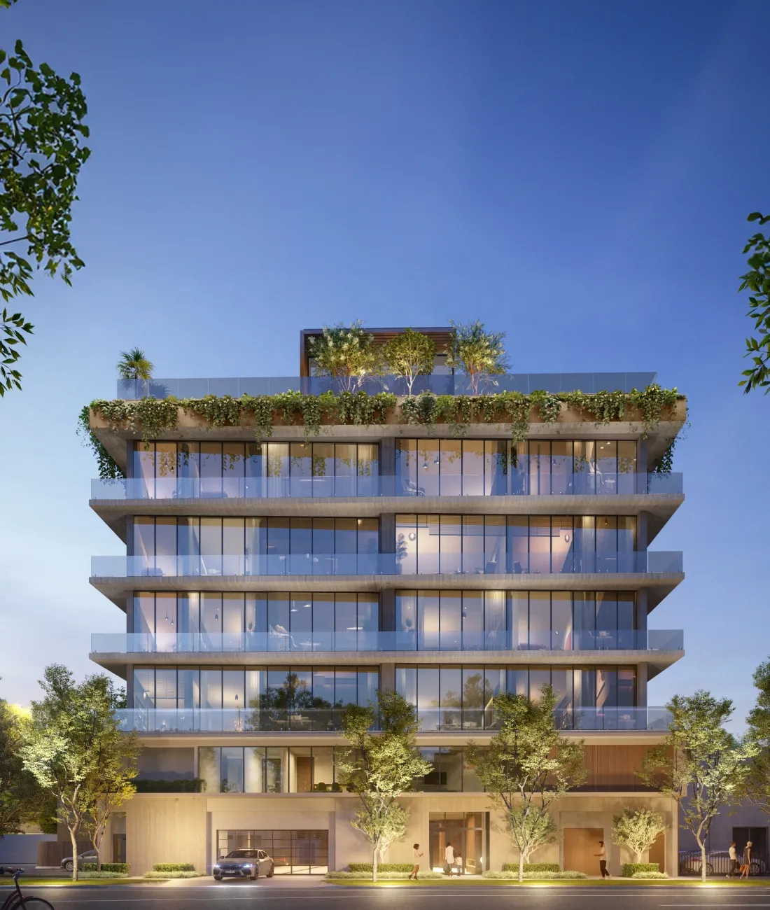 Rendering of the OPUS Coconut Grove façade with planted terraces against a blue sky